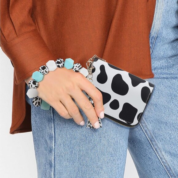 Cow Print Card Wallet with Keychain Set Fashionable PU Leather Women - Picture 7 of 9